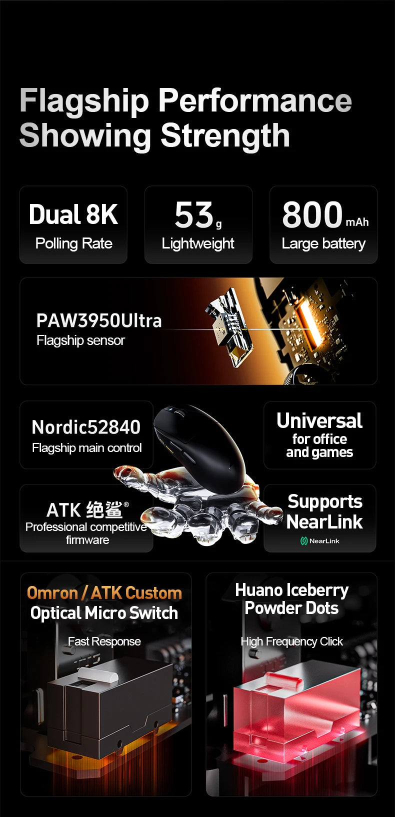 ATK Dragonfly A9 Ultra Wireless Gaming Mouse PAW3950, Tri-Mode 8K Gaming Mouse, Ultra-Lightweight Ergonomic Esports Mouse for FPS Gaming