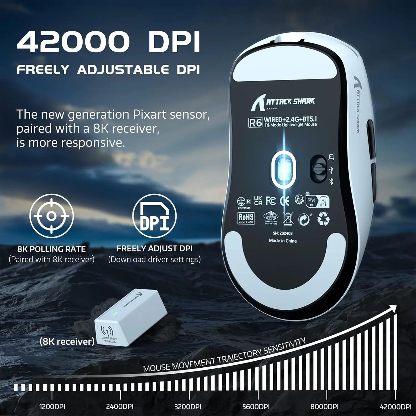 Rato Gaming Sem Fios Leve Attack Shark R6, Sensor PAW 3950Max para Computador com Nordic 52480, Polling 8KHz