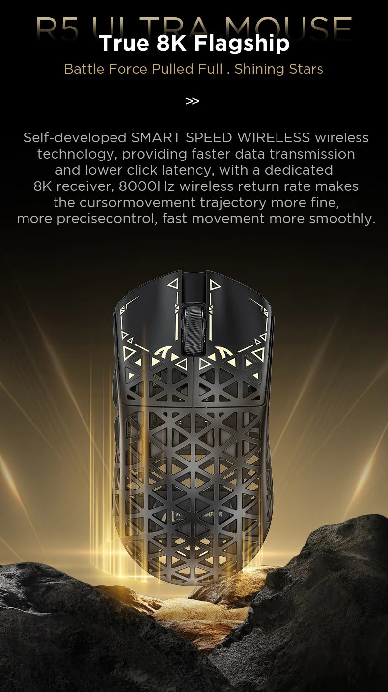 Rato Gaming Sem Fios ATTACK SHARK R5 Ultra Carbon Fiber, Sensor Gaming PixArt PAW3950MAX, 42000DPI, 8000Hz, MCU Nordic 52840