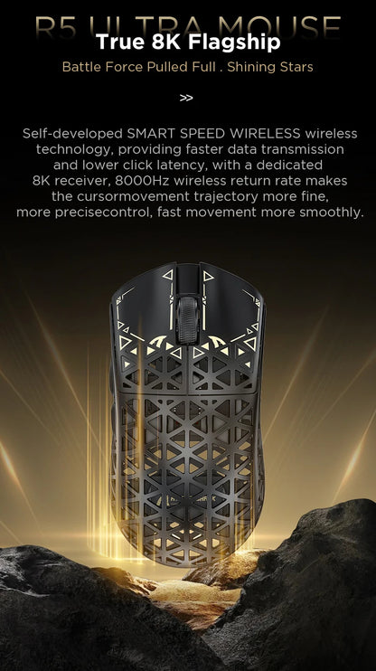 Rato Gaming Sem Fios ATTACK SHARK R5 Ultra Carbon Fiber, Sensor Gaming PixArt PAW3950MAX, 42000DPI, 8000Hz, MCU Nordic 52840
