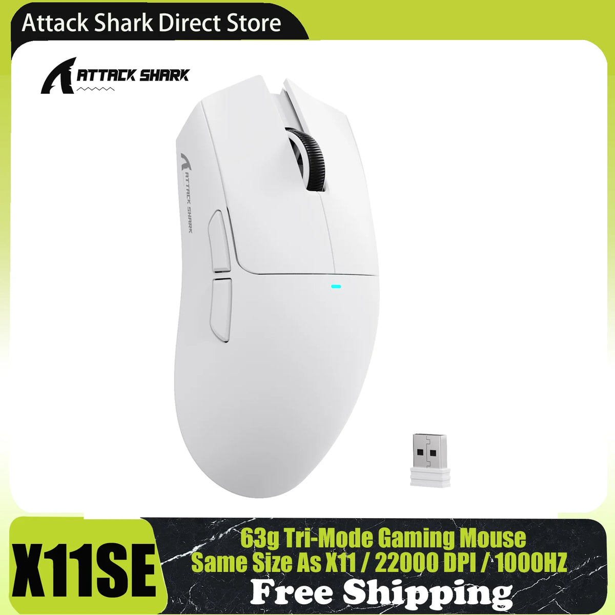 Безжична геймърска мишка ATTACK SHARK X11SE, Tri-Mode, суперлека 63g със сензор PAW3311, 22000 DPI, батерия 300mAh, двоен драйвер
