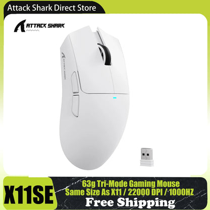 Безжична геймърска мишка ATTACK SHARK X11SE, Tri-Mode, суперлека 63g със сензор PAW3311, 22000 DPI, батерия 300mAh, двоен драйвер