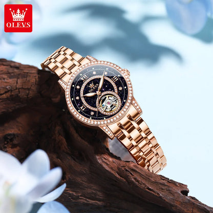 OLEVS Brand Fashion Women Mechanical Watches Starry Sky Dial Diamond Automatic Wristwatch Ladies Waterproof Luminous Clock Women