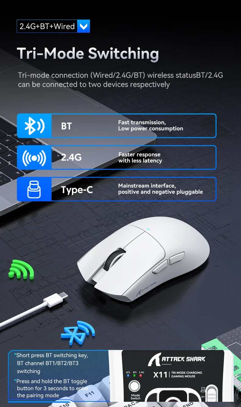 ATTACK SHARK X11 Tri-Mode leichte Gaming-Maus mit PAW3311, 22000DPI, 400IPS, 40G, 59g, magnetischem Schnellladen, RGB-Hintergrundbeleuchtung