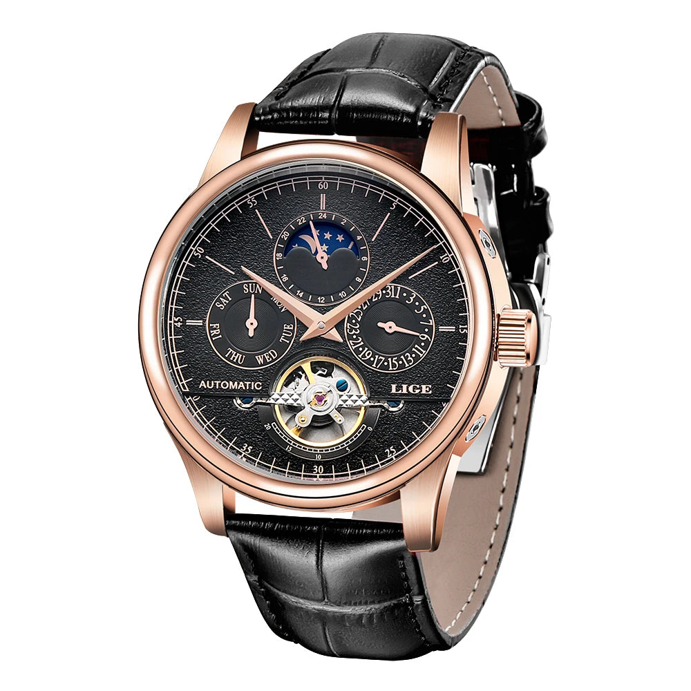 LIGE Brand Classic Mens Retro Watches Automatic Mechanical Watch Tourbillon Clock Genuine Leather Waterproof Military Wristwatch