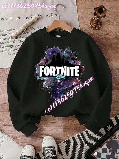 Sweat-shirts Fortnite novos para criança, hoodie com estampado de personagens de jogo em estilo cartoon, tops casuais de outono para criança, roupa de inverno para bebé menino