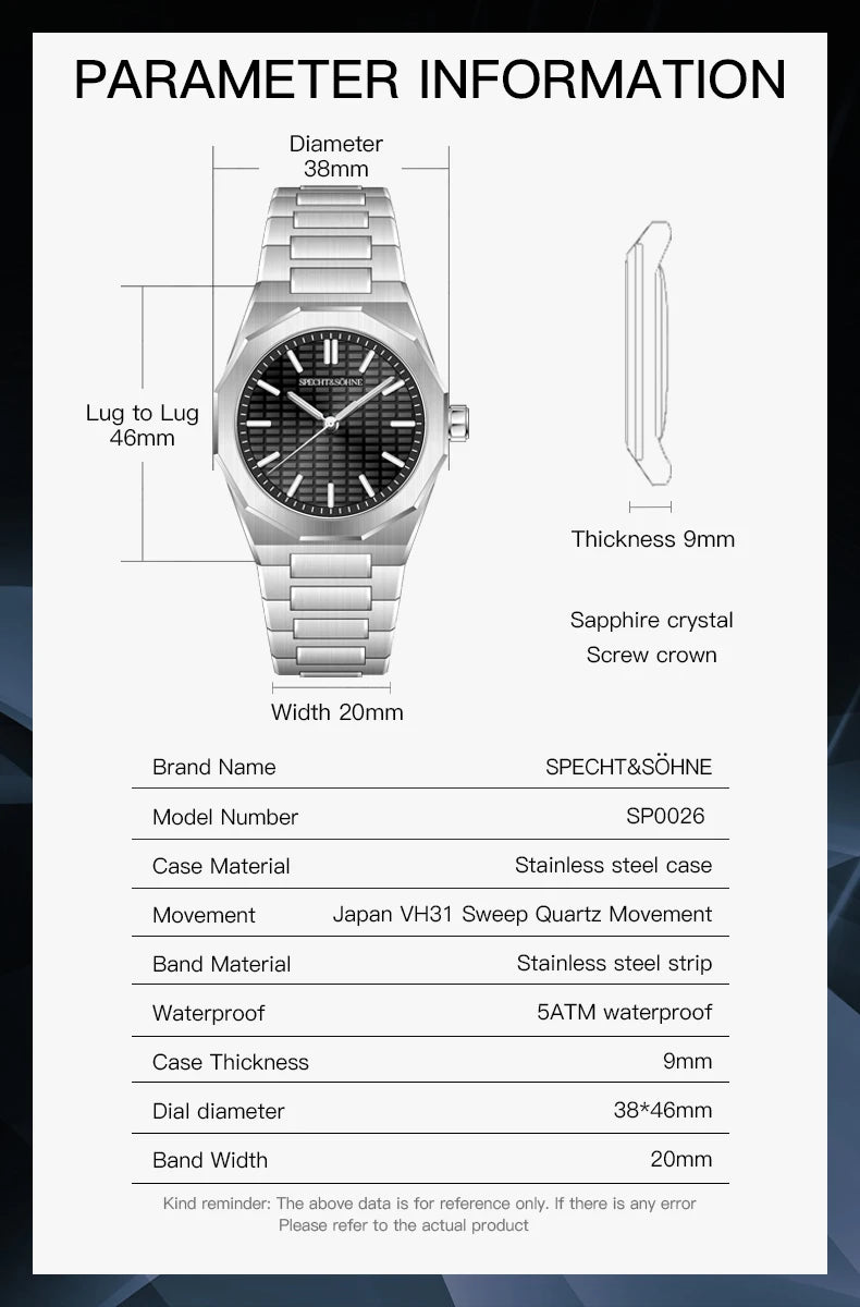 Novo relógio de pulso masculino Specht & Söhne 2026, raro e elegante, ultrafino, 38MM, em aço, cristal de safira, quartzo VH31