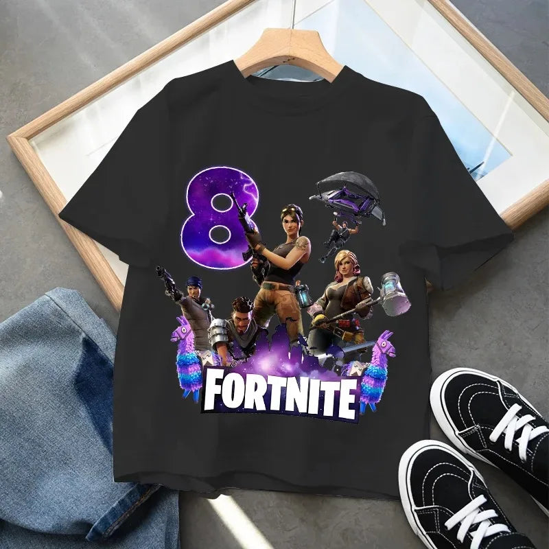 T-shirt de aniversário infantil Fortnites com número para menina e menino, roupa de verão em algodão para bebé, top de manga curta para festa, presente para criança pequena