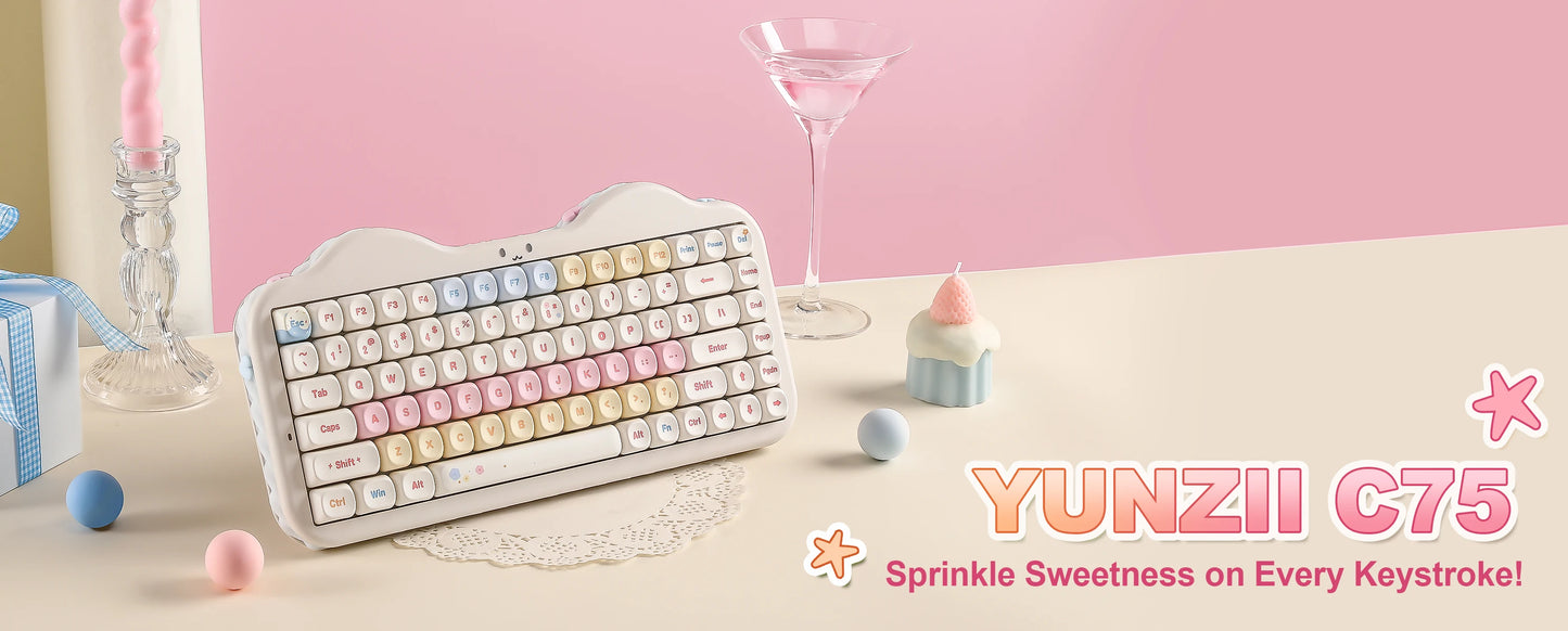 Teclado mecânico sem fios YUNZII C75, 75% cremoso com Hot Swap e RGB personalizável, design Gasket Cute Cake, para Win/Mac/Gaming