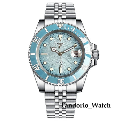 Tandorio 20ATM 40mm Men's Automatic Diver Watch For Miyota 8215 Asia 2824 Sapphire Glass Ice Blue Stainless Steel Jubilee Watch