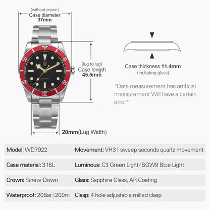 Watchdives WD7922 BB54 Watch VH31 Sweep Second Movement Sapphire Crystal 20bar Waterproof C3 Luminous 37mm Vintage Watches
