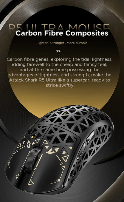 Rato Gaming Sem Fios ATTACK SHARK R5 ULTRA - Polling 8K, Sensor PAW3950MAX, 42,000 DPI, Fibra de Carbono Ultraligeira para Esports Profissionais