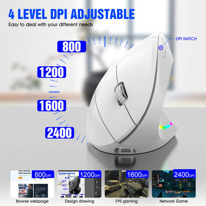 Wireless Vertical Mouse 2.4GHz Ergonomic Optical Mouse, Adjustable DPI Wireless Vertical Mouse with RGB Backlight for Laptop, PC, Mac, Tablet & Office