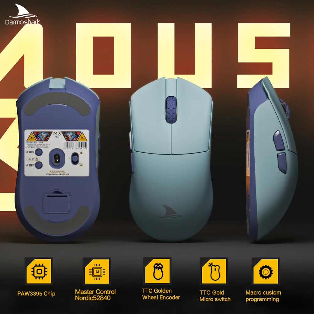 Darmoshark M3Pro Gaming-Maus 2.4G BT kabellos Tri-Mode PAW3395 Sensor N52840 26000DPI für große Hände mit Makro-Treiber – Maus für Gaming