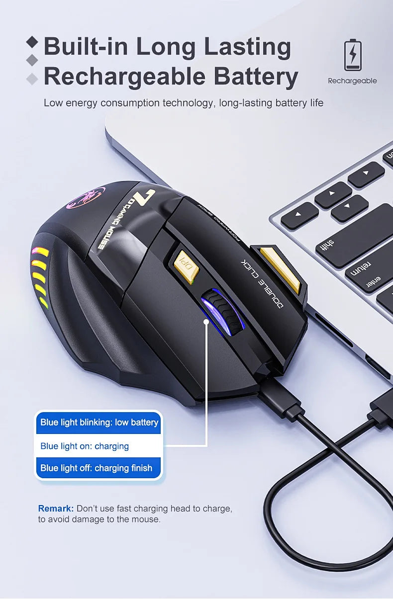 Rato Gaming Sem Fios USB IMICE GW-X7 3200DPI Modo Duplo Recarregável 7 Teclas 2.4Ghz Rato Silencioso Bluetooth LED Respirante de 7 Cores