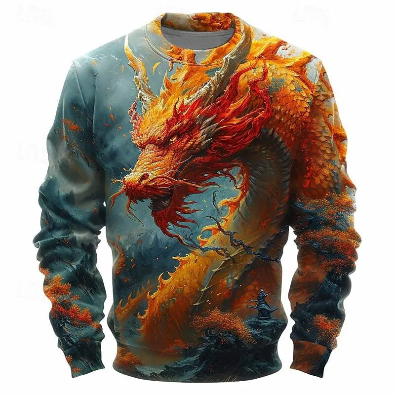 Fashion Dragon Graphic 3D Print Men's Sweatshirt Traditional Cultural Element Vintage Stylish O-Neck Pullover Autumn Loose Tops