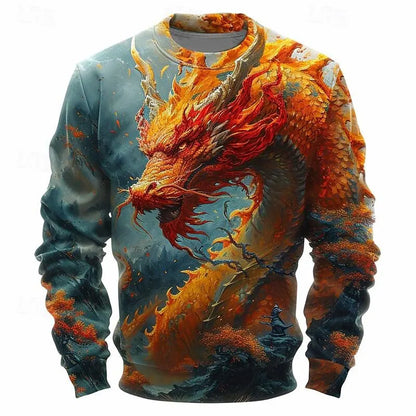 Fashion Dragon Graphic 3D Print Men's Sweatshirt Traditional Cultural Element Vintage Stylish O-Neck Pullover Autumn Loose Tops