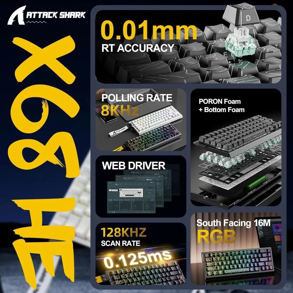 ATTACK SHARK X68 HE 8000Hz Rapid Trigger Keyboard 0.01mm RT Accuracy RGB Wired Gaming Keyboard with Magnetic Switch for PC/Mac