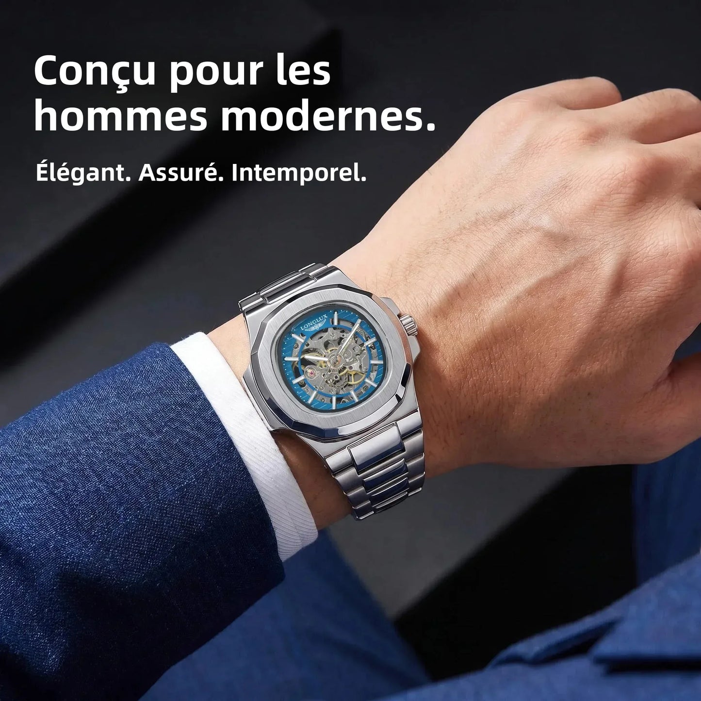 LONGLUX Men automatic mechanical watch luxury watches waterproof skeleton business cheap wholesale stainless steel gift watch