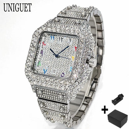 UNIGUET New Women Full Diamond Iced out Watch Fashion Square Rainbow Dial Hip Hop Bling Luxury Quartz Ladies Wristwatch Hot Sale
