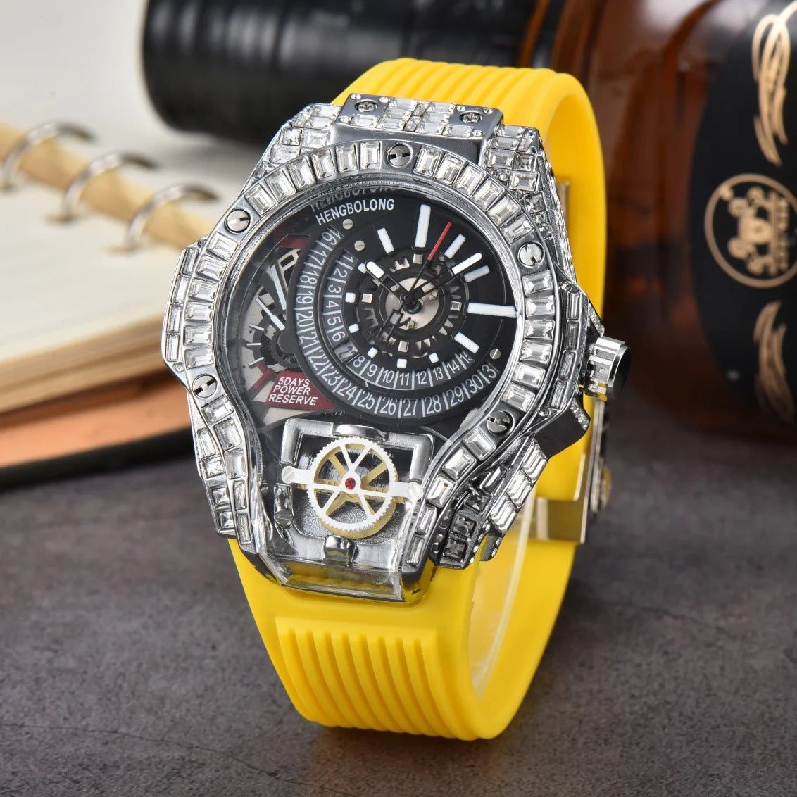 Full diamond Case Business Luxury Top Mens Watches Rubber Strap Color Creative Decorative Quartz Watch Men AAA Clocks Relogio