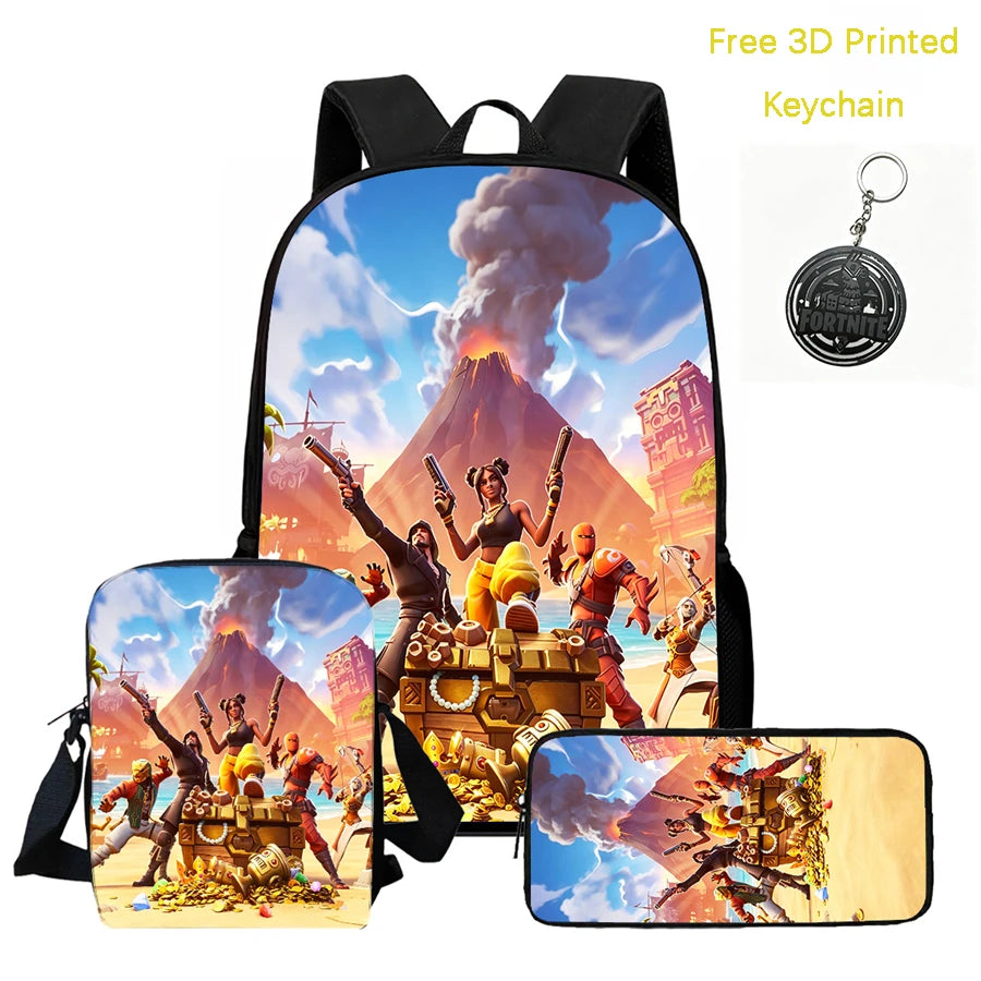 Conjunto de mochila infantil 3 peças, mala a tiracolo e estojo, mala FORTNITE com desenhos, leve para meninos e meninas dos 5 aos 10 anos, porta-chaves 3D impresso grátis