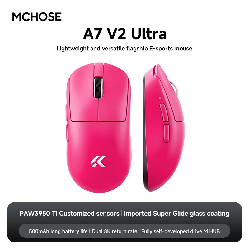 MCHOSE A7 V2 Wireless Gaming Mouse, Tri-Mode Bluetooth 8K Lightweight Esports Mouse with PAW3950 Sensor, 42000 DPI Ergonomic Gaming Mouse