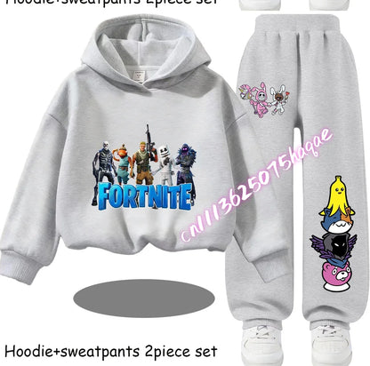 Sweats com Capuz Infantis Estampadas Fortnite, Conjunto Cartoon Confortável de 2 Peças, Tops Largos de Manga Comprida com Calças, Roupa de Outono/Inverno, Presente