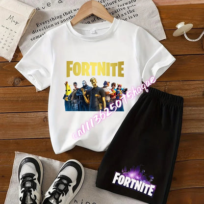Conjunto infantil de verão Fortnite com t-shirt e calções anime, 2 peças, manga curta, algodão, casual, desportivo, presente