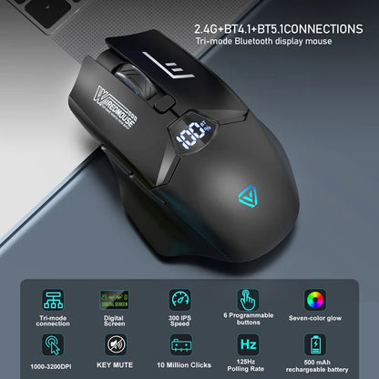 Rato Bluetooth Sem Fios de Modo Duplo com Ecrã Inteligente, Carregamento Silencioso, para Escritório, Gaming e Tablet, Portátil e Universal