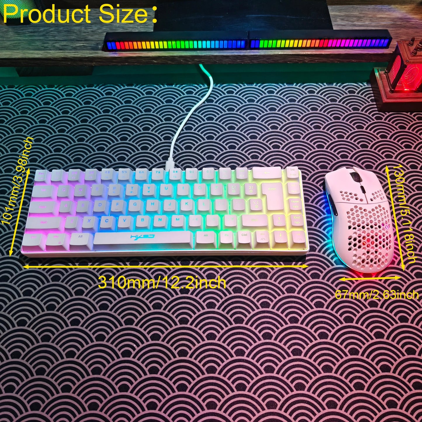 Portable HXSJ 60% RGB Gaming Keyboard and Mouse Set 68-Key Wired Membrane Keyboard 3-Mode Lightweight Wireless Mouse for PC Mac