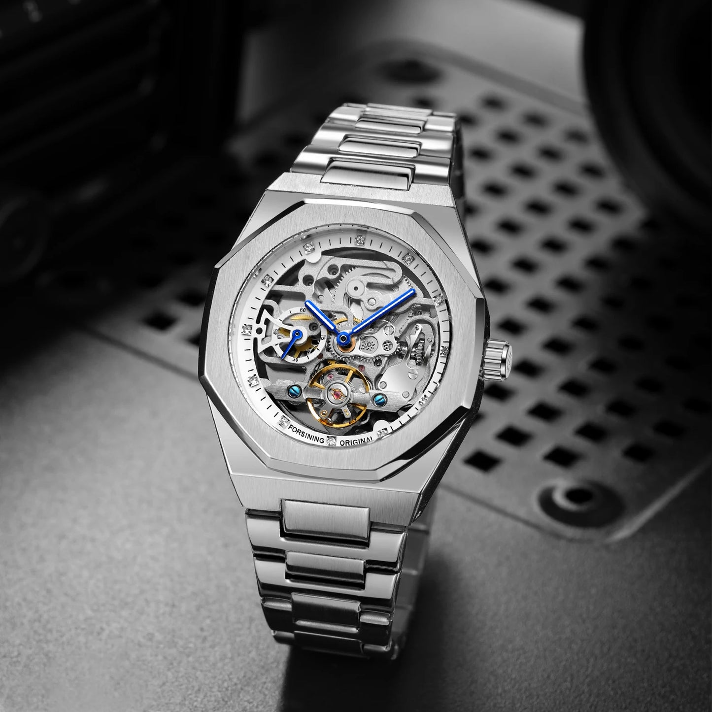 Forsining Tourbillon Skeleton Mechanical Watch for Men Luminous Hands Stainless Steel Strap Fashion Business Automatic Watches