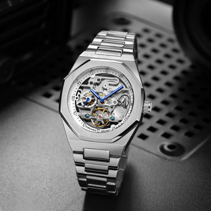 Forsining Tourbillon Skeleton Mechanical Watch for Men Luminous Hands Stainless Steel Strap Fashion Business Automatic Watches