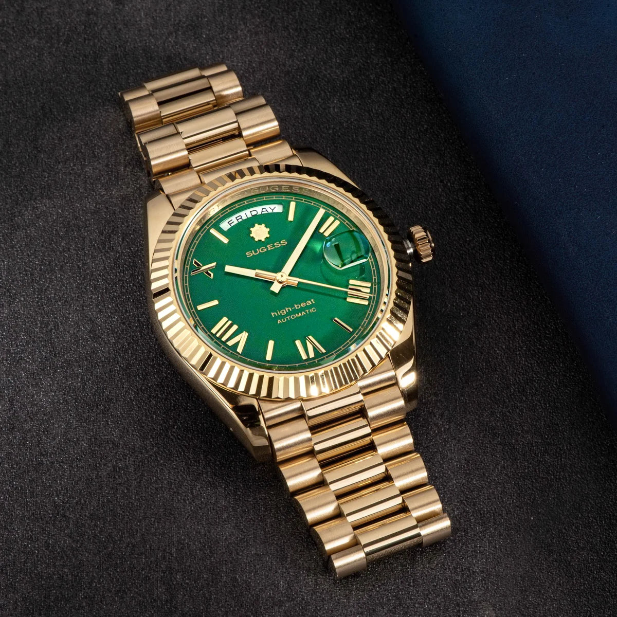 Sugess Watch Mens 40mm Date Day Automatic Dandong Peacock SL3034 Movement Retro Mechanical Wristwatch Sapphire Glass Golden New