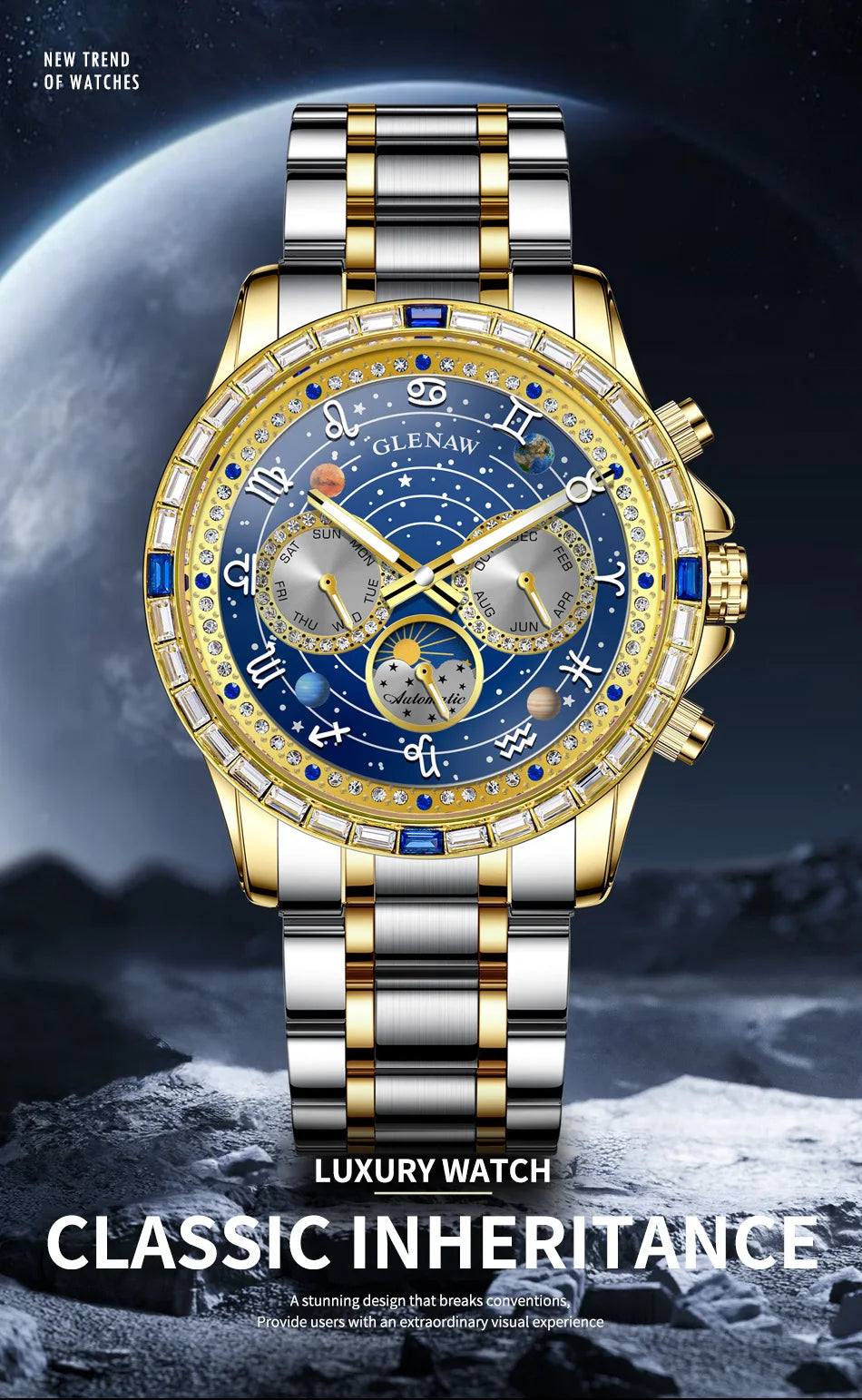 Glenaw high-end business fully automatic mechanical multifunctional men's watch fashionable waterproof luminous watch