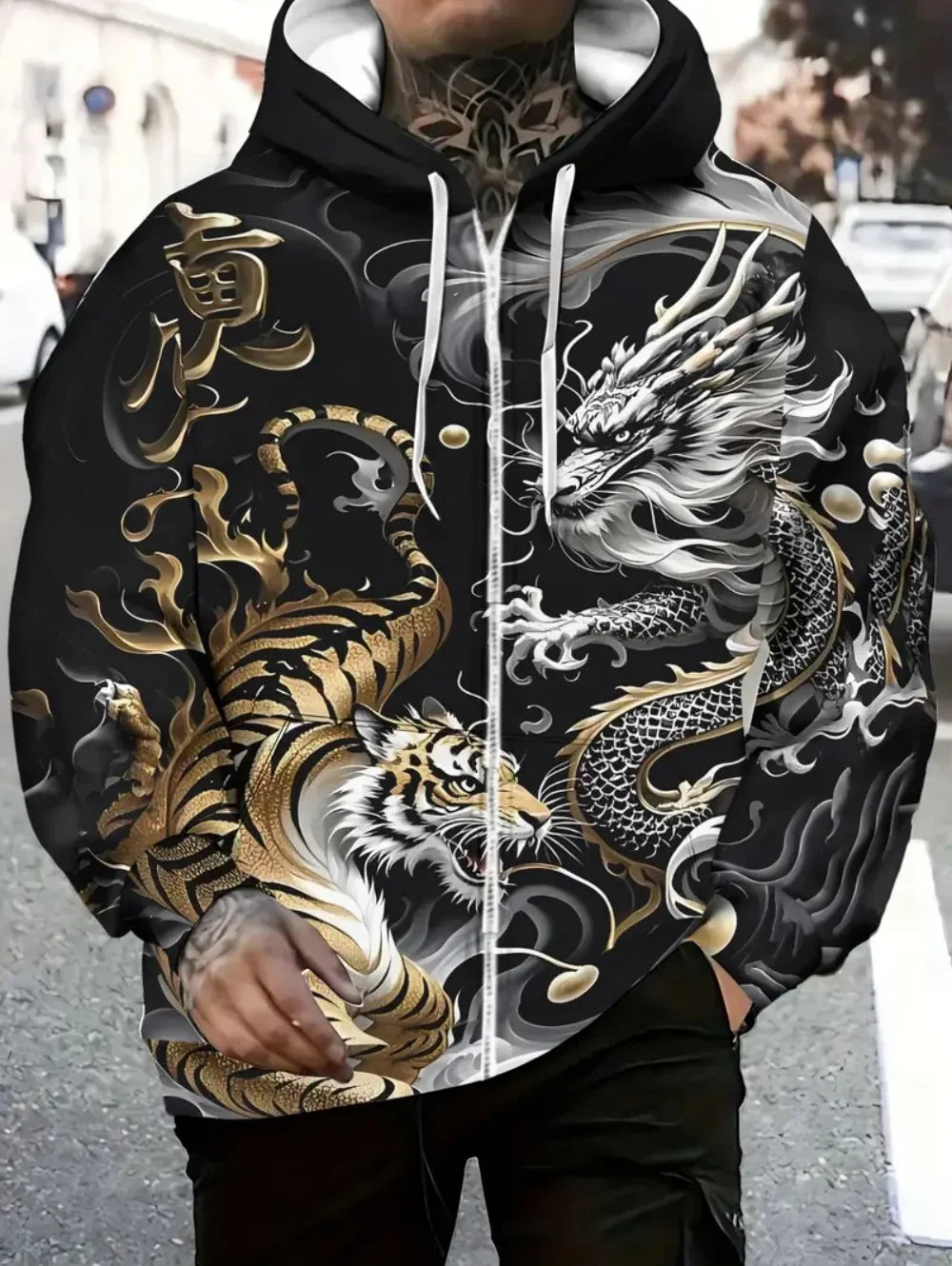 Mens Dragon Print Zipper Hoodie Outdoor Activities Travel Drawstring Long Sleeve Hoodies Autumn Winter Oversize Man Sweatshirts