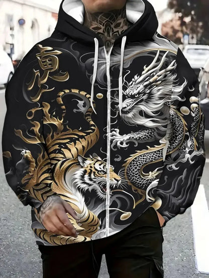 Mens Dragon Print Zipper Hoodie Outdoor Activities Travel Drawstring Long Sleeve Hoodies Autumn Winter Oversize Man Sweatshirts