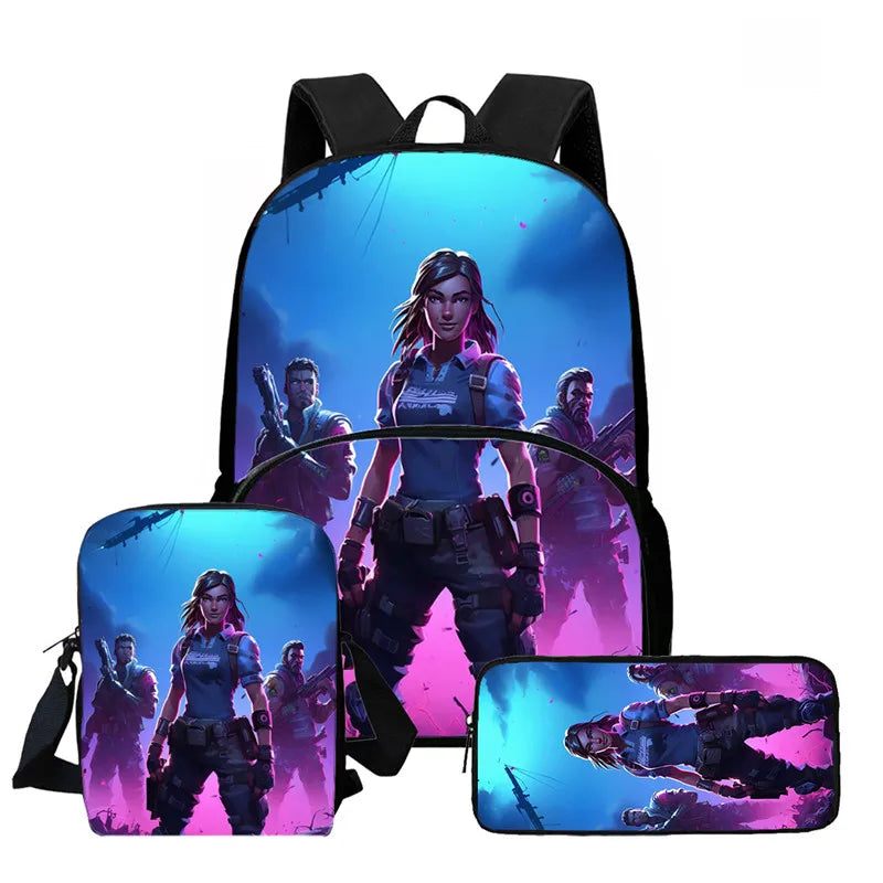 Conjunto de Mochila Fortnite Cartoon de 3 Peças Unissexo para Rapazes e Raparigas, Mochila com Bolso Frontal, Mala a Tiracolo e Estojo, Presente Ideal