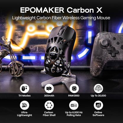 Rato Gaming Sem Fios EPOMAKER Carbon X com Fio/2.4G/BT, 400 a 30,000 DPI Ajustáveis, Sensor PAW3950, para PC/Mac/Linux