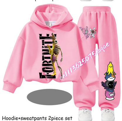 Sweats com Capuz Infantis Estampadas Fortnite, Conjunto Cartoon Confortável de 2 Peças, Tops Largos de Manga Comprida com Calças, Roupa de Outono/Inverno, Presente