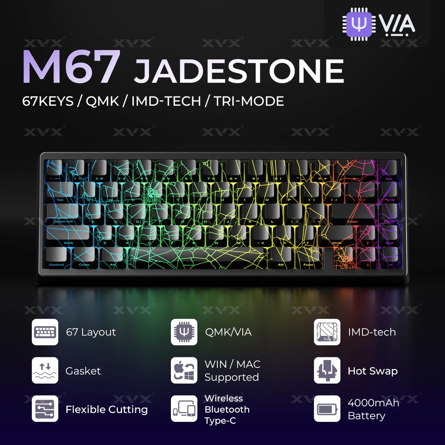 Teclado XVX Spider Web M67 JadeStone com Teclas IMD-Tech, Ligação Tri-Mode e Retroiluminação RGB Personalizada 60%
