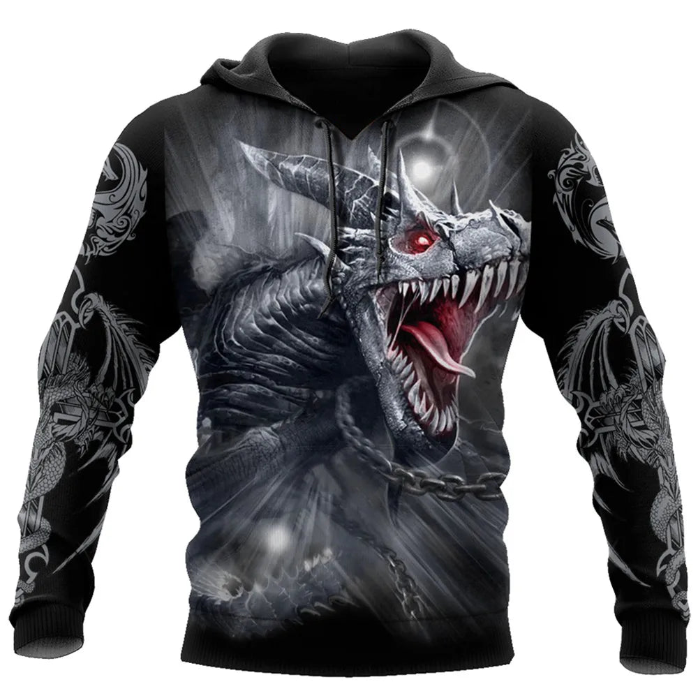 Felpa con cappuccio unisex da uomo con maniche lunghe, stampa 3D drago tatuaggio, autunno inverno, streetwear casual a pullover