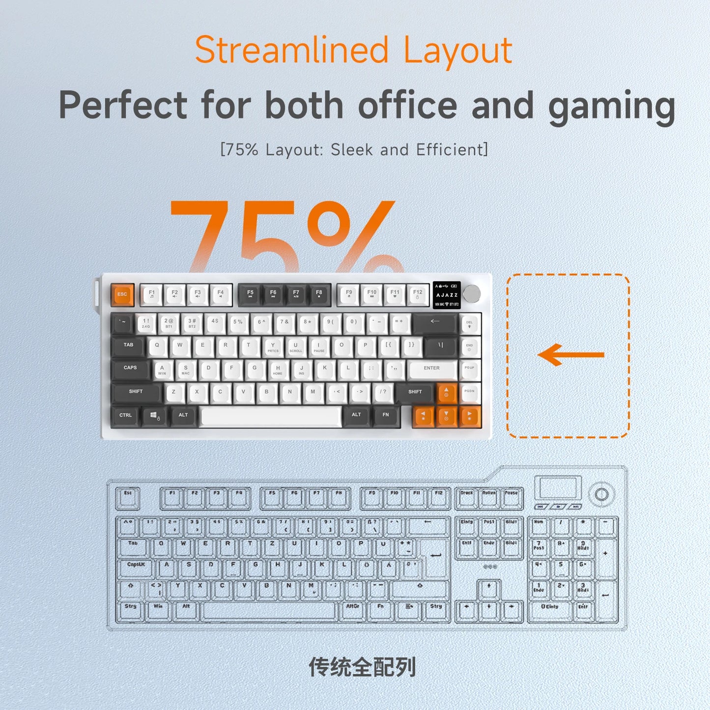 Ajazz AF82 Series 75% Layout Wireless Keyboard with 4000mAh Battery Low Profile Keys Bluetooth Tri-Mode Connectivity RGB