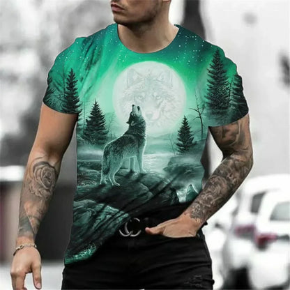 New Fashion Men's Wolf Roar Graphic T Shirt Summer Casual Round Neck T-shirt Trend Street Man Clothes Daily Loose Tops
