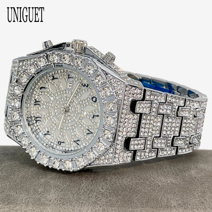UNIGUET Hip Hop Wristwatch For Men Luxury lce Out Full Diamond Watches Fashion Green Watch Waterproof Clock Man 2026 Hot Sale