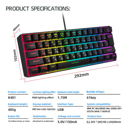 Gaming Keyboard, Russian/English RGB Backlit 61 Key Ultra-Compact Keyboard, Waterproof Mechanical Feeling Office Gaming Keyboards