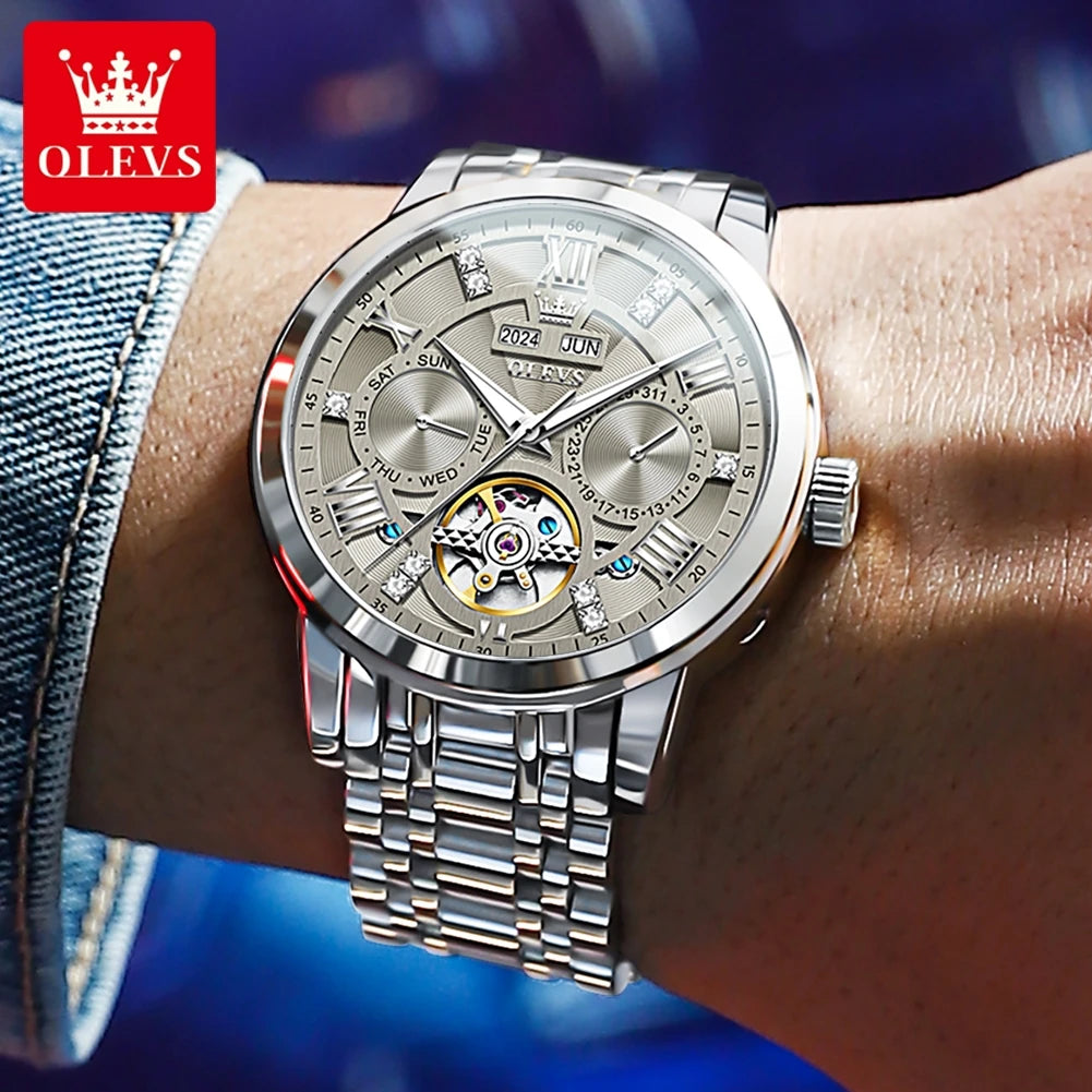 OLEVS 6701 Men's Watch Luxury Waterproof Auto Date Mechanical Watch For Men Hollow Skeleton Diamond Wristwatch Luminous Clock