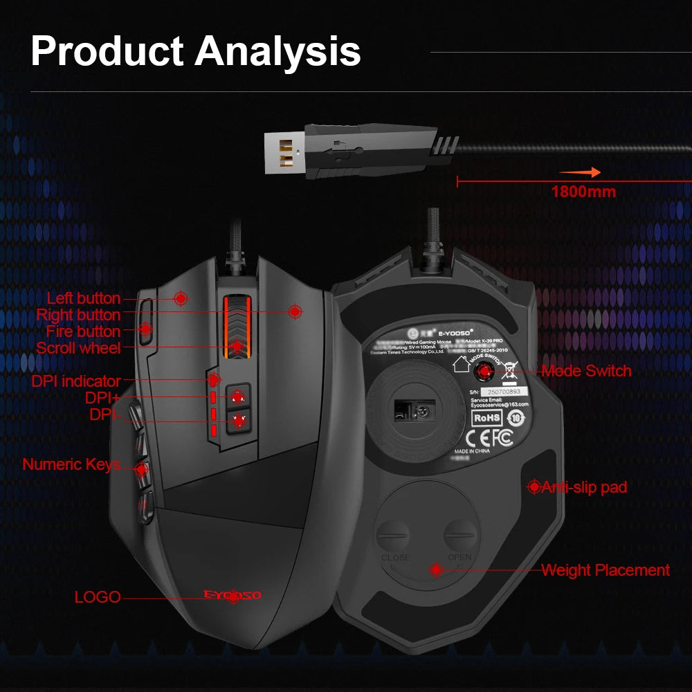 E-YOOSO X-39 USB Wired RGB Gaming Mouse, 24000 DPI Programmable Gaming Mouse with 19 Buttons, Optical Gaming Mouse for PC & Laptop