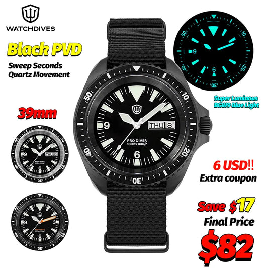 Watchdives WD1980 V3 Quartz Watch 100m Waterproof BGW9 Luminous Nylon Strap Watch Sapphire VH31 Movement Men's Watch with Gift Box