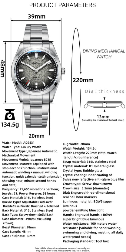 ADDIESDIVE New 2026 Luxury Men's Mechanic Quartz Analog Watch Super Luminous Steel Watch 10Bar Bubble Glass Personalized Watches